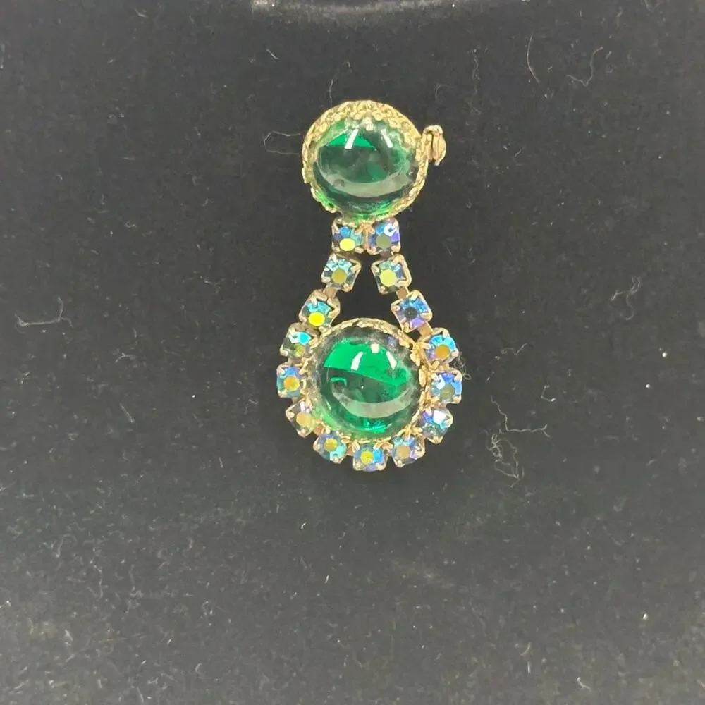 Vintage Gold-Tone Brooch MCM Green Cabochon and Iridescent Rhinestone Estate